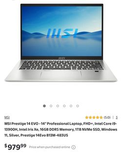 New MSI Prestige 14 EVO - 14" Professional Laptop, FHD+, Intel Core i9-13900H, Intel Iris Xe, 16GB DDR5 Memory, 1TB NVMe SSD, Windows 11, Silver, Pres