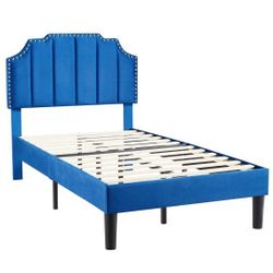 Twin Bed Frame And Headboard Blue Tufted