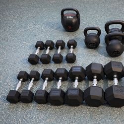 Rubber Hex Dumbbells/3 kettlebells Take The Lot Or Buy In Sets.  Prices In Discription