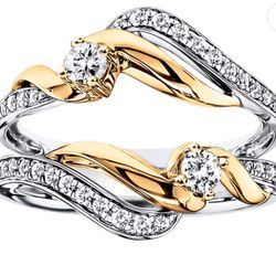 Round Cut White Diamond Enhancer Wrap Guard Women's Engagement Wedding Ring With 925 Sterling Silver 14k Two Tone Gold Finish