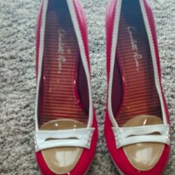 1 Pair Of Red And White Pumps And A Pair  & A Pr. Of Black Suede Stilloettes