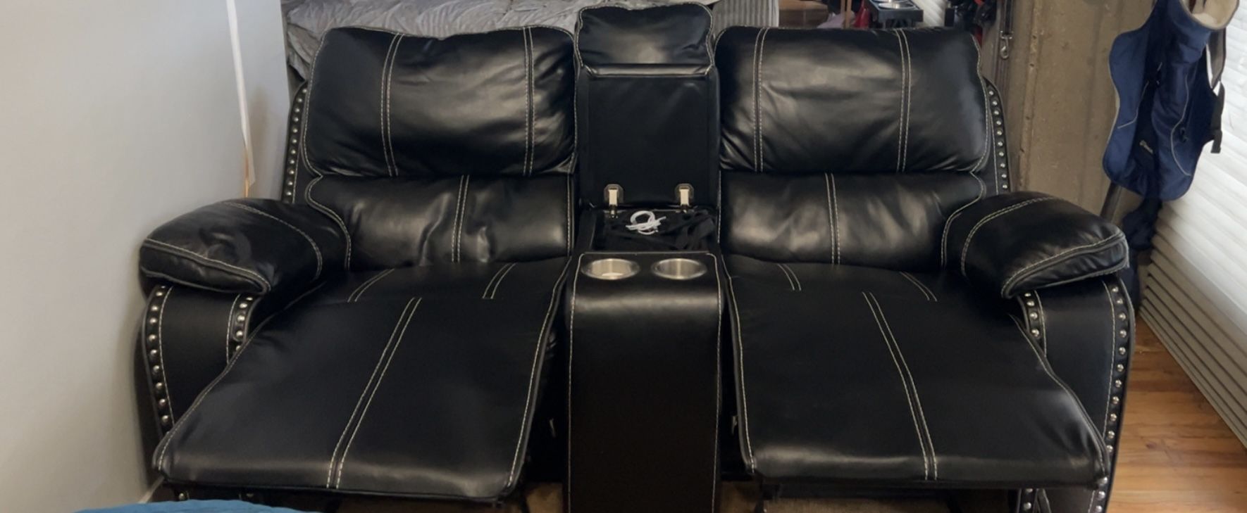 Love Seat (black Leather) Two Seater Recliner w/ Storage Compartment
