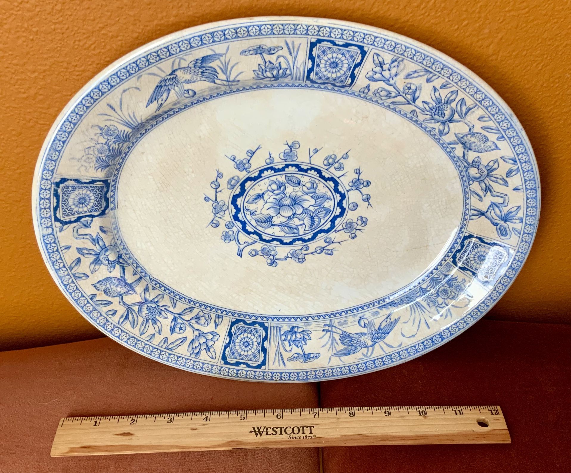 SERVING PLATTER, ANTIQUE, FLOWERS, BIRDS + CRANES