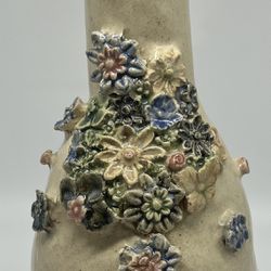 Art Pottery Vase Artist Signed Applied Flowers