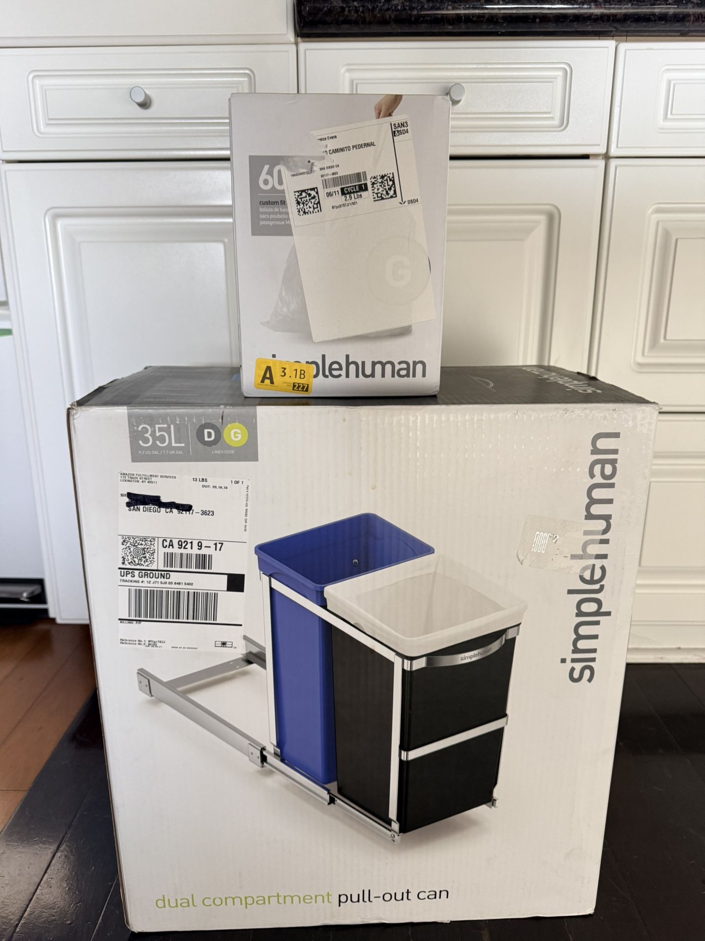 Simple human 35 Liter / 9.3 Gallon Dual Compartment Under Counter Pull-out Trash Can And Recycling Bin