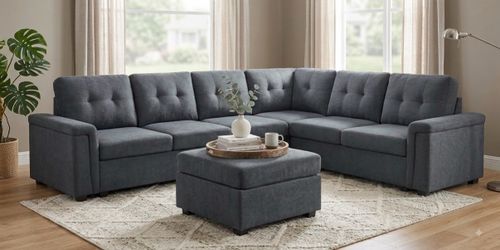 119"W Gray Woven Fabric 7-Seater Sectional Sofa with Ottoman