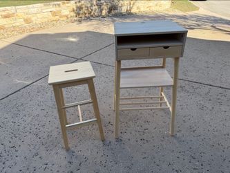 IKEA Knotten Standing desk white/berch with IKEA Boose Birch Stool