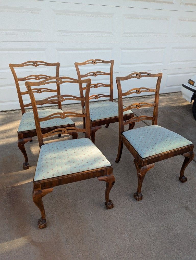 4 Antique Wood Dining Chairs, Chippendale Vintage