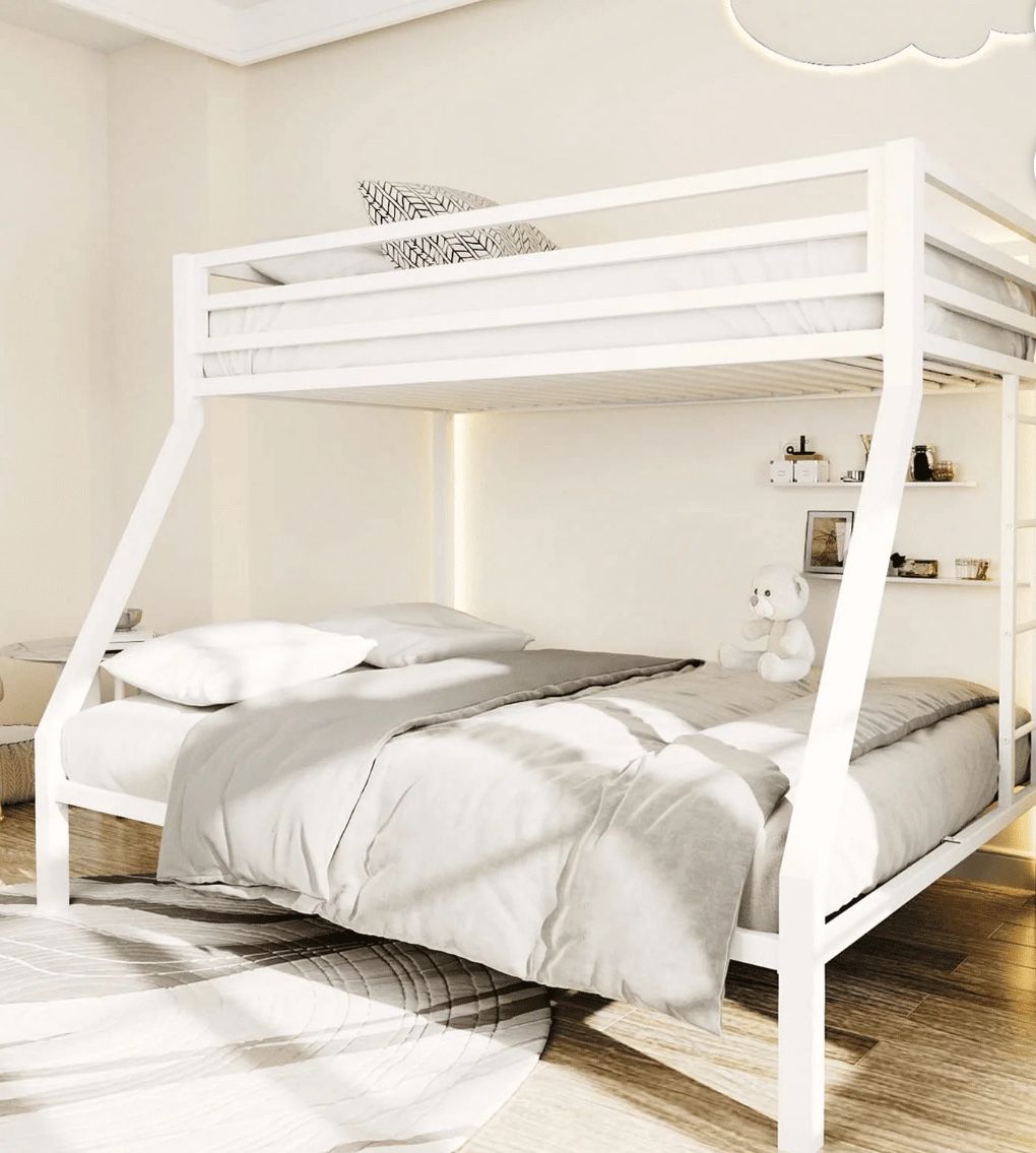 NEW Twin Over Full Size Metal Bunk Bed with Removable Stairs & Full-Length Guardrail, White