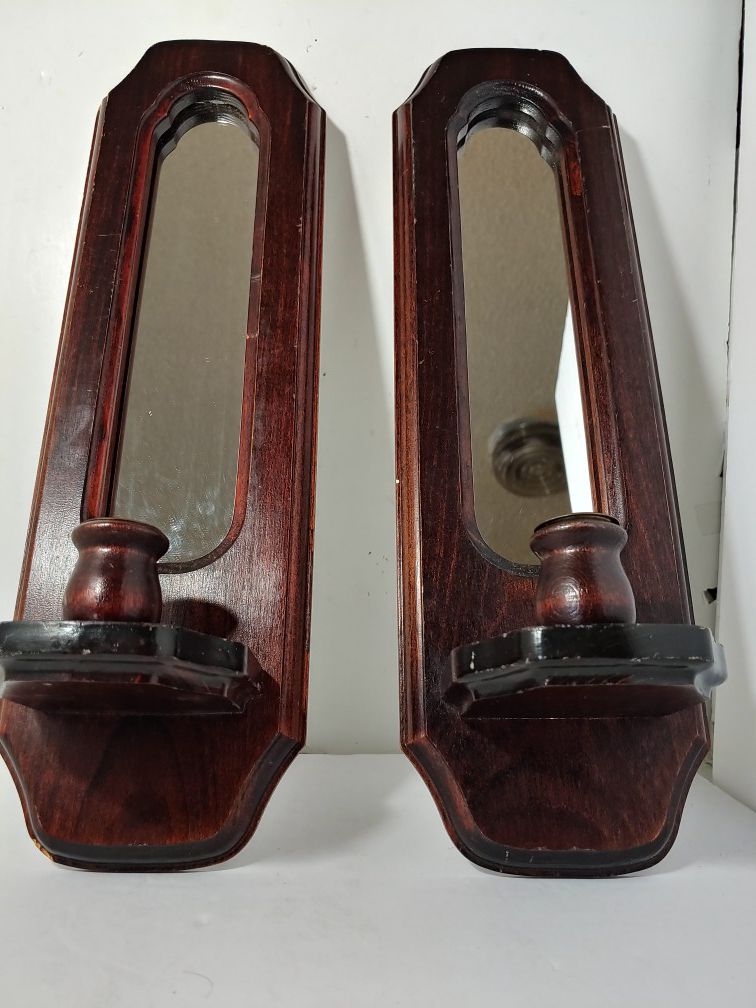 TWO WOOD CANDLE HOLDERS 18" INCH TALL WITH MIRRORS