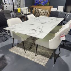 5 PIECE DINING TABLE SET FAUX MARBLE TOP OFF WHITE VELVET CHAIR 80X40X30H