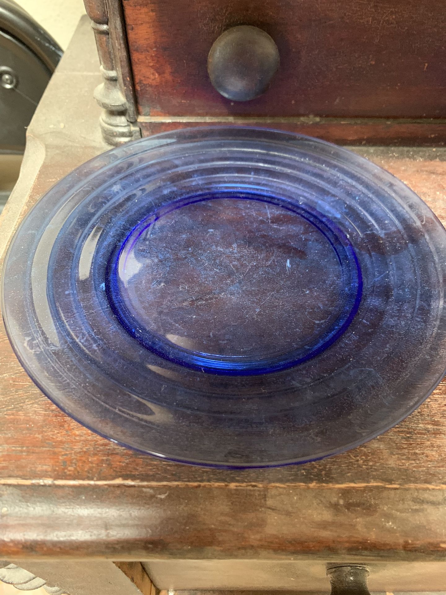 Vintage cobalt blue depression glass bread and butter plates, set of 2
