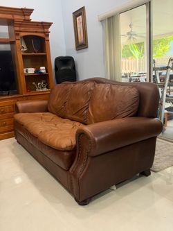Brown Leather Loveseat with Nailhead Trim