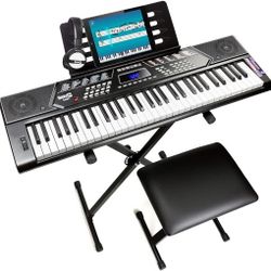 RockJam 61 Key Keyboard Piano Stand With Pitch Bend Kit, Piano Bench, Headphones, Simply Piano App & Keynote Stickers