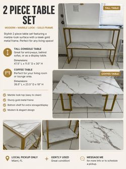 🪑 2-Piece Table Set – Marble Look & Gold Frame