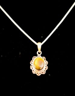 Tiger's Eye Stone Round Bead Work Look Sterling Silver 925 20" Necklace Pendant total weight 5.4 grams