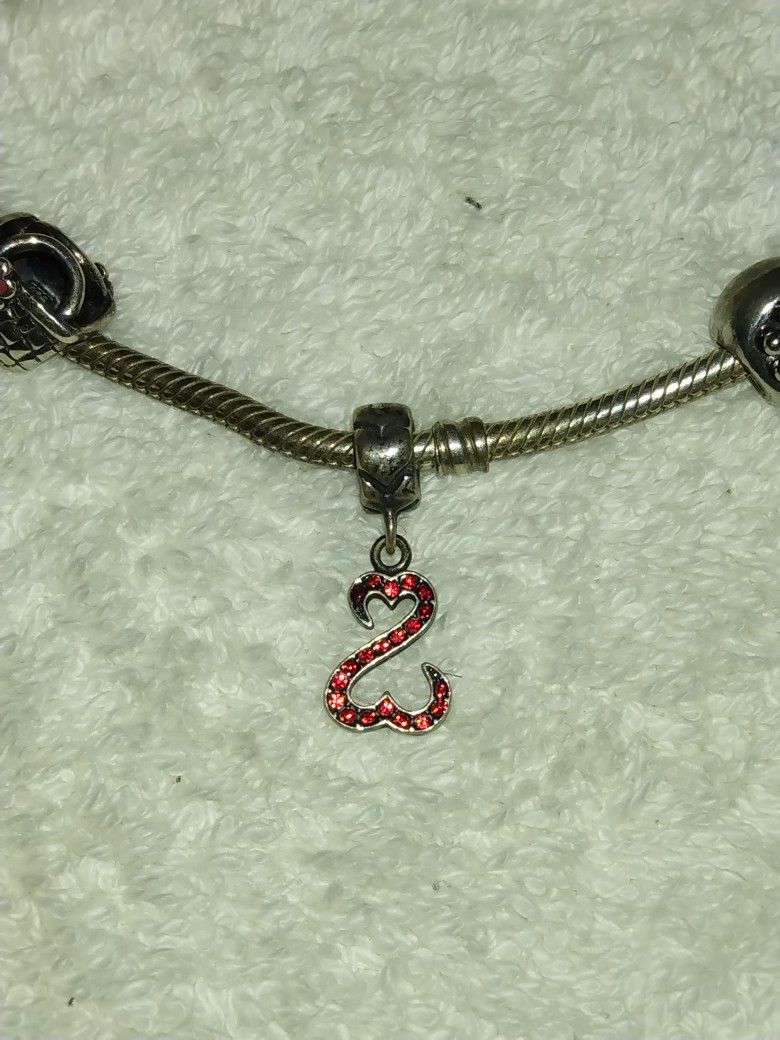 Sterling Silver Red Rhinestone Open Double Hearts Bracelet Charm