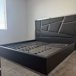 Modern Grey & Mirror King Platform Bed Frame with Headboard + Matching Dresser