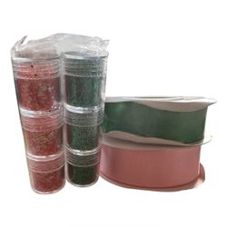Pink Green Glitter Jars & Satin Ribbon Bundle Craft DIY Holiday Decor