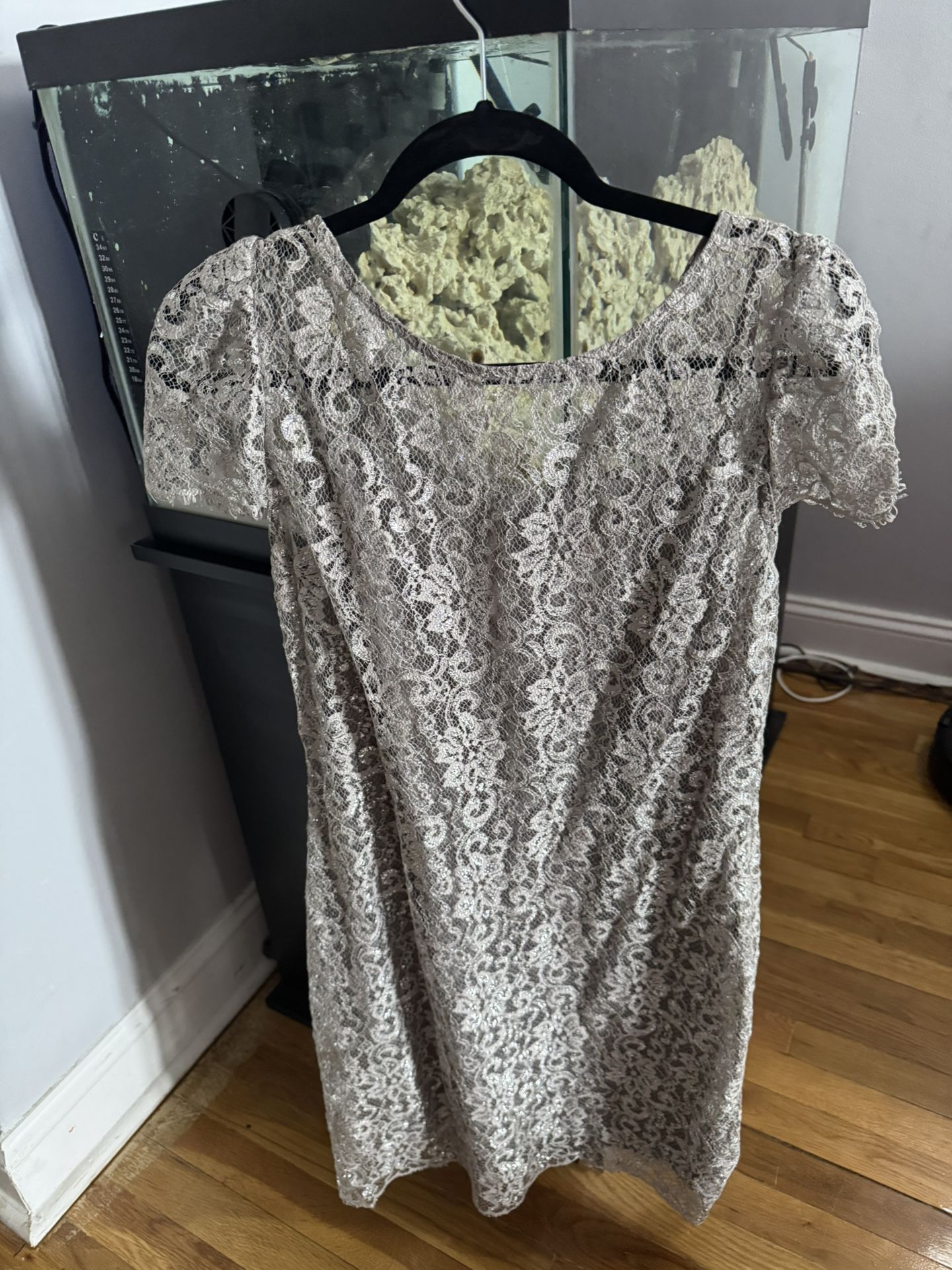 Betsy Adam Lace Silver Dress Size 12 Large - benaras.co