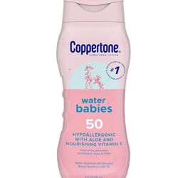 Coppertone WaterBabies Baby Sunscreen Lotion SPF 50, Hypoallergenic Sunscreen for Babies, Water Resistant, Pediatrician Recommended, 8 Fl Oz Bottle