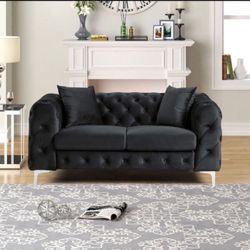 Sofa Contemporary LoveSeat with Deep Button Tufting Dutch Velvet - Black  