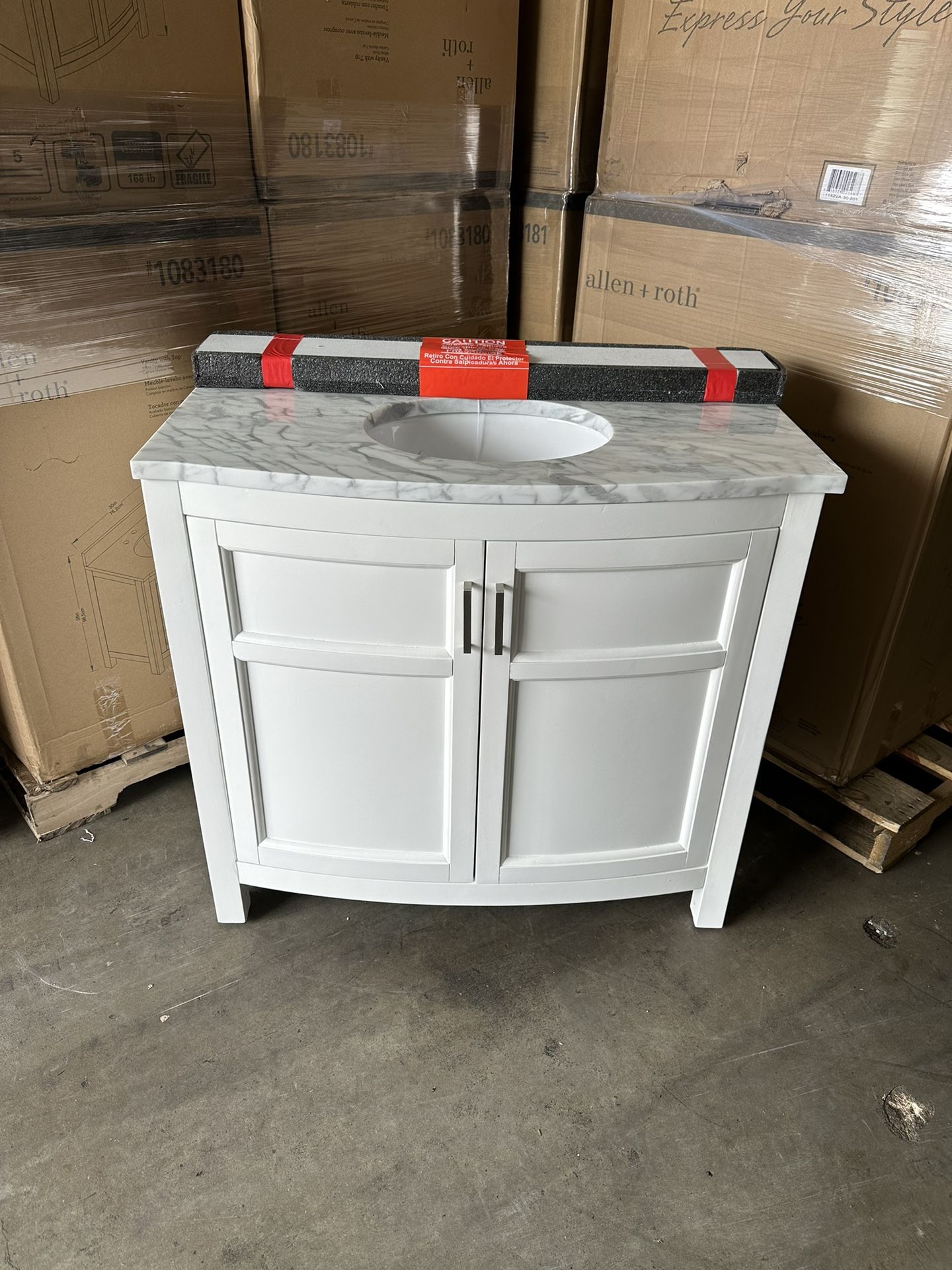 ALLEN + ROTH Moravia 36-in White Undermount Single Sink Bathroom Vanity with Natural Carrara Marble Top
