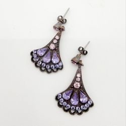 Silver Colored Antique-Looking Purple And Pink Gem Fan Post Earrings