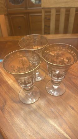 Set of 3 Gold Etched Stemmed Glass Goblets