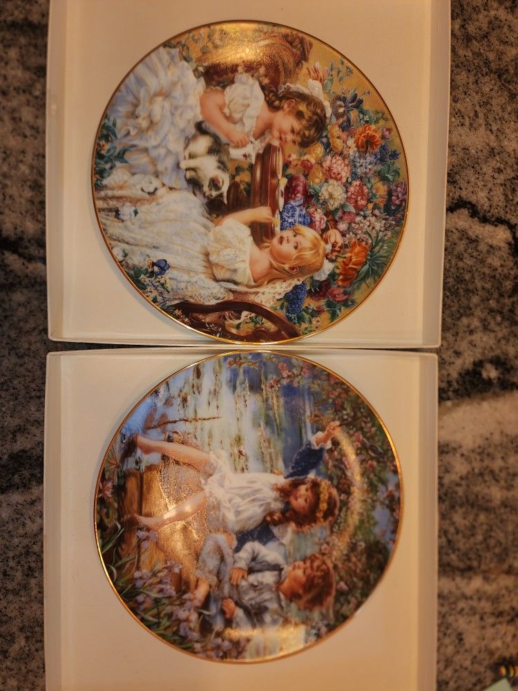 RECO Sandra Kuck "Patience" + "The Tea Party" 8" Plates COA 1991 Hearts and Flowers