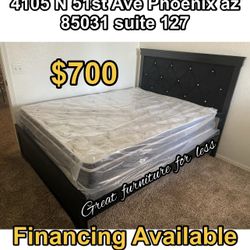 Queen Size Bed Frame Black With Pillow Top Mattress And Boxspring Brand New