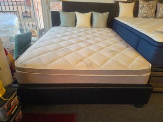 BRAND NEW BLACK FAUX LEATHER FULL PLATFORM BEDFRAME + 10" THICK COMFY INNERSPRING MATTRESS