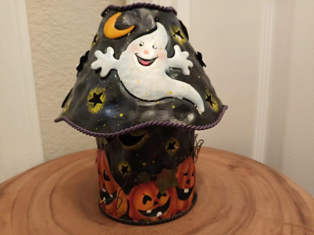 Rare Vintage Metal Halloween Smiley Ghost & Jack O Lantern Tea Light Candle Holder.