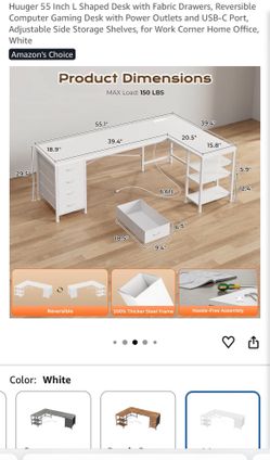 Huuger 55 Inch L Shaped Desk with Fabric Drawers, Reversible Computer Gaming Desk with Power Outlets and USB-C Port, Adjustable Side Storage Shelves,