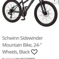 Schwinn Sidewinder Mountain Bike, 24-inch Wheels, 21 Speeds, Black / Teal