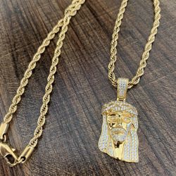 Jesus pendant with rope chain 14k gold plated men jewelry