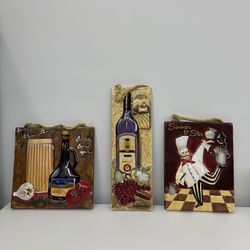 Decorative Ceramic Kitchen Wall Plaques – Wine & Chef Theme (Set of 3)