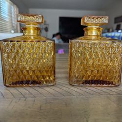 Vintage MCM Retro Amber Square Glass Whiskey Decanter Set (Of 2) Japan Diamond