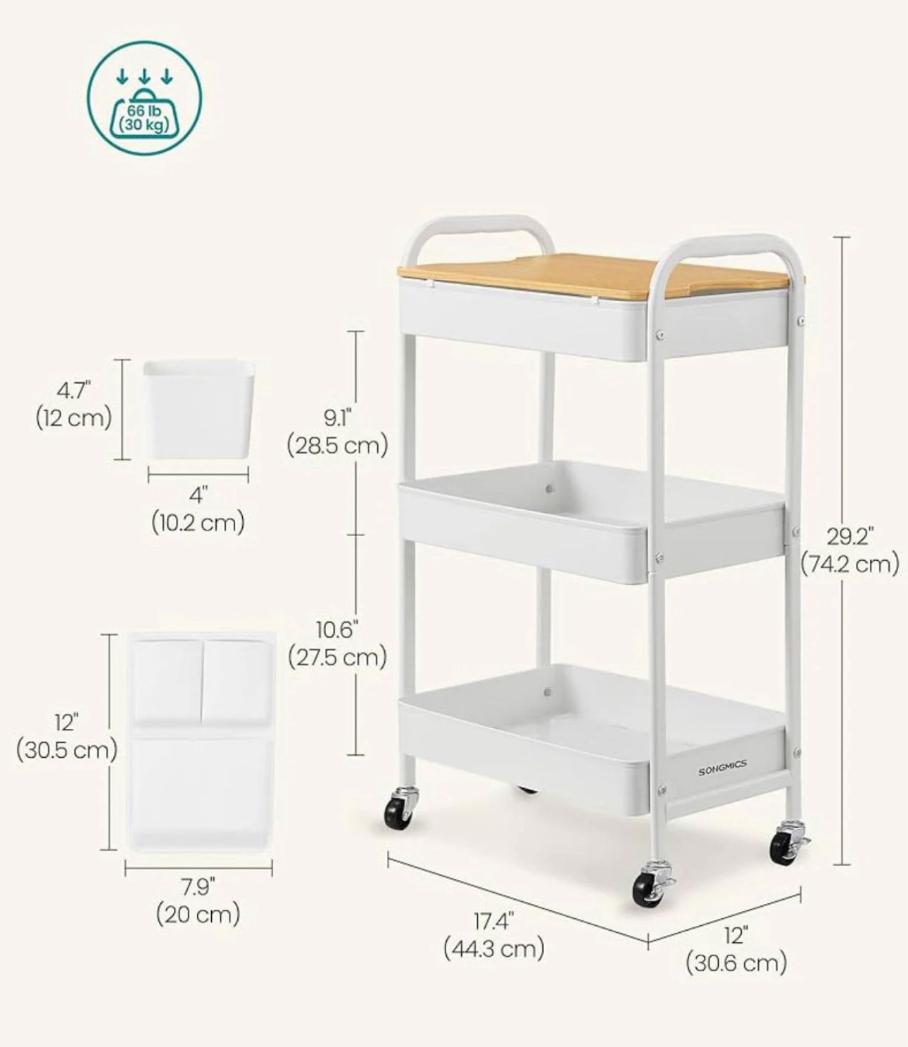 SONGMICS 3-Tier Storage Trolley Rolling Cart with Table Top - White