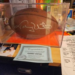 JOHNNY UNITAS Signed 1960's MODEL Football BALTIMORE COLTS W/ COA , PHOTO & SHOW SCHEDULE &Ball Cube 