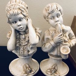Large Bust Of Brother And Sis Figurines The Sister Covering Her Ears Because Of The Bro Playing Sucks 