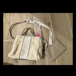 Kate Spade Bag + Matching Wallet Leather Faux Fluffy Fur Gold Accents New w/ Dust Bag 