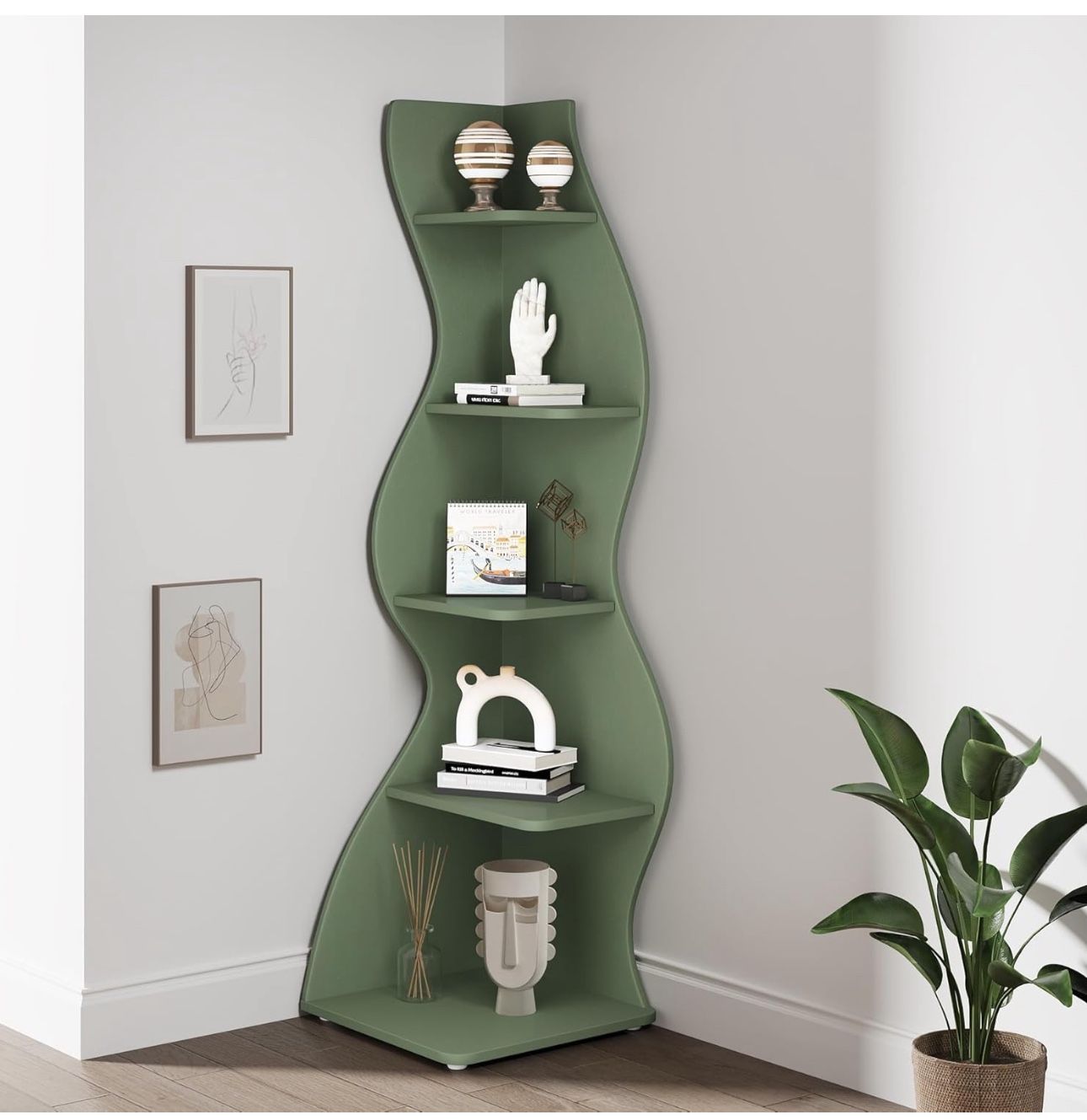 new Modern 70 in. Tall Green Wood 5-Shelf Corner Bookcase with Ample Storage and Space-Saving Design for Living room, Office