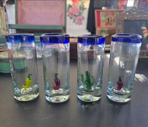 Hand-Blown Mexican Shot Glasses with Cobalt Rim and Miniature Chili/Cactus