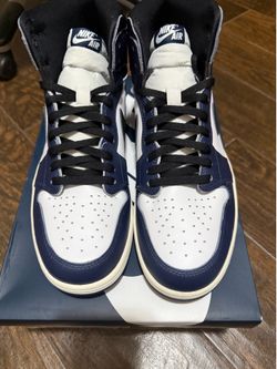 Air Jordan 1 Retro High OG, midnight navy/black-white-sail, men’s size 12.