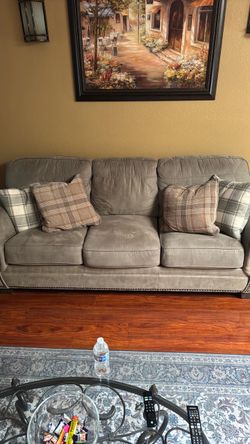 Gray Fabric 3-Seat Sofa with Nailhead Trim