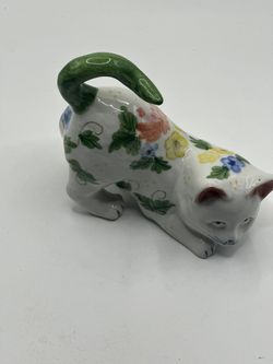 Vintage Pouncing Kitten Cat Andrea by Sadek Hand Painted Flowers Green