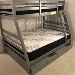 Twin Full Grey Bunkbed With Orthopedic Mattress Included 