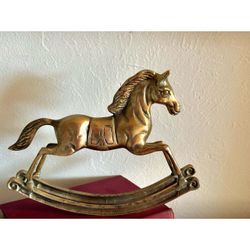 Vintage Solid Brass Rocking Horse Animal Figure MCM 9” Long 7” Tall