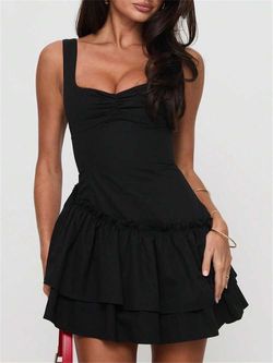 Black Tiered Ruffle Mini Dress with Square Neck NWT size Medium